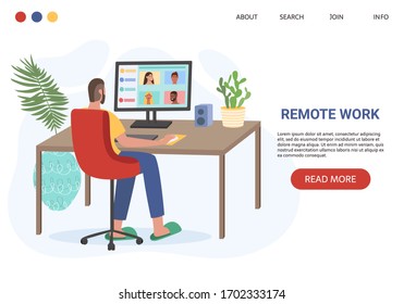 Man sitting in front of computer and working from home. Freelance work  vector concept. Man talking with friends via social media. Distance work, online study, education, remote work banner.