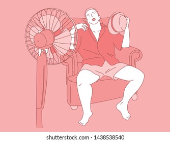 A man is sitting in front of a fan because of the heat. hand drawn style vector design illustrations. 