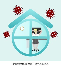 a man sitting in front of his computer working at home with COVID-19 virus outside the house. 
