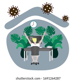 a man sitting in front of his computer working at home with COVID-19 virus outside the house.	
