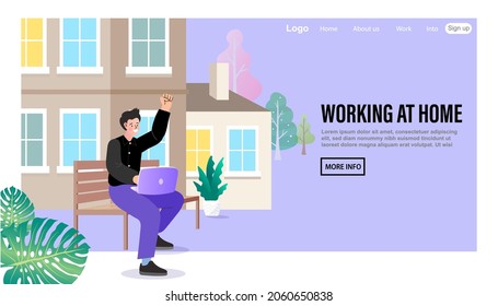 A man sitting in front of the house working with a notebook. businessman works from comfort of home. Successful business people. working from home during the COVID lock down. Vector illustration.