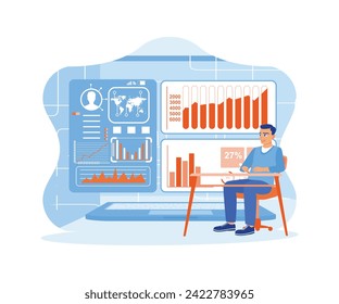 Man sitting in front of a laptop computer. Examine sales reports, profit charts, and stock market analysis on the screen.  trend flat vector modern illustration 