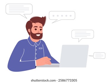 A  man sitting in front of a laptop, talking on a video call.