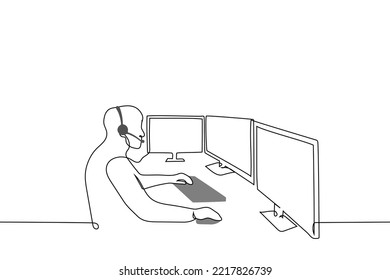 man sitting in front of multiple monitors and wearing headphones with microphone - one line drawing vector. concept call center worker, security guard, freelancer at work