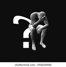 A man sitting in front of a question mark symbol. Frustrated guy in depression sitting, looking down and thinking. Lonely person. Voxel art. 3D vector illustration.
