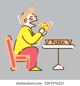a man sitting in front of a table happily eating pizza