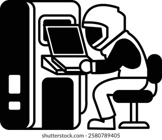 A man is sitting in front of a vending machine. He is using a laptop computer. The vending machine is black and white