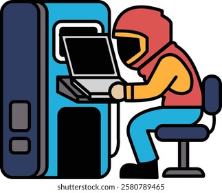 A man is sitting in front of a vending machine, typing on a laptop. The vending machine is blue and has a black screen. The man is wearing a red jacket and blue jeans. The scene is casual and relaxed