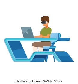 Man is sitting at a futuristic desk, wearing a vr headset and working on a laptop