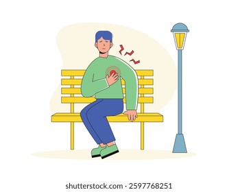 Man sitting in a garden bench suffering from a heart attack. Design character. Vector flat illustration