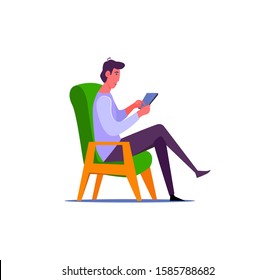 Man sitting in green armchair with tablet computer. Man in casual outfit browsing his tablet computer flat vector illustration. Freelance and relax concept for banner, website, landing page