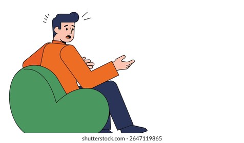 A Man Sitting in a Green Beanbag Chair Shocked and Pointing to Something