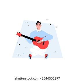 Man Sitting With Guitar In Flat Vector Illustration Symbolizing Music, Relaxation, And Creativity, Isolated On White Background