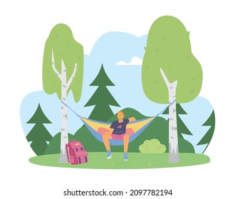 Man sitting in the hammock at forest, flat vector illustration. Tourist relax in swing hammock after hiking through the countryside. Swing bed between birch trees.