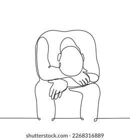 man sitting with head down - one line drawing vector. concept grieve, suffer, cry