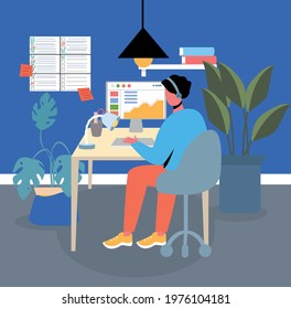 The man is sitting in headphones at the computer. Work online, student, office worker, manager, programmer, engineer. Vector character in a flat style