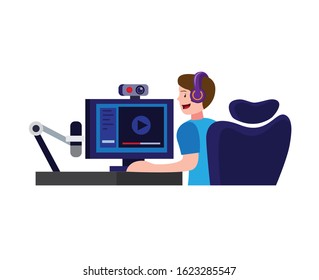 man sitting in headset making video or playing game live streaming with web camera and microphone. esport gamer or content creator cartoon flat illustration vector