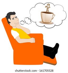 man sitting in his chair thinking about taking a hot drink