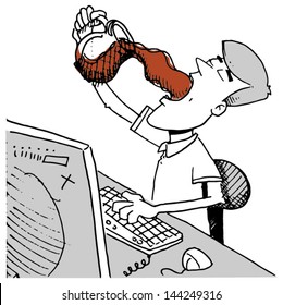 A man sitting at his computer design pouring a pot of coffee into his mouth