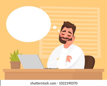 Man sitting at his desk dreams about something. Vector illustration in cartoon style