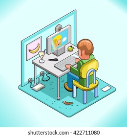 Man sitting at his desk in front of his computer in web-cam chat with his girlfriend (isometric view)