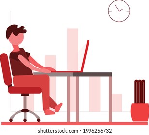 Man sitting at his desk and working on laptop at home for company growth vector illustration.