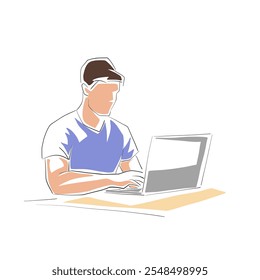 El hombre está sentado en su escritorio trabajando en su computadora portátil. Trabaja desde casa. Pausa, compras en línea, dilación. Ilustración de dibujo de Vector de arte de línea