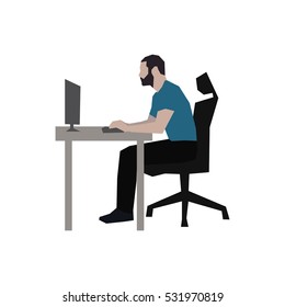Man sitting at his desk working on computer, abstract vector silhouette, flat design. Work in office