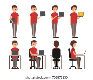 Man sitting at his desk and working on laptop, standing man with laptop on his hands.Front, side, back view animated character.Set with various views. Smiling boy with short hair in casual clothes.