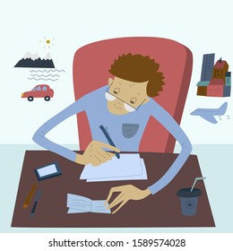 Man sitting at his a desk and writes about travel. Flat vector illustration