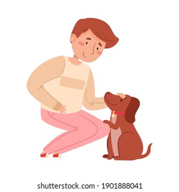 Hombre sentado con su perro y la ilustración vectorial de la estela