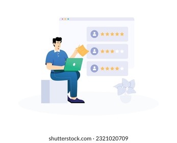 a man is sitting with his laptop in his hands there is a piece of paper and also there is a big screen that shows some customer ratings about his business
flat design, vector illustration