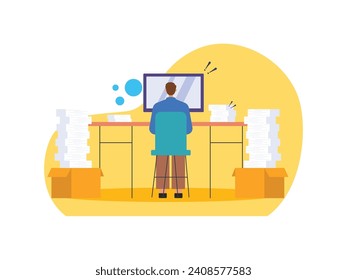 A man sitting in his office with his computer is dizzy, a lot of paper work in the office. Character design. Vector flat illustration