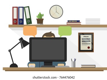 Man sitting in his office working on computer flat design vector illustration