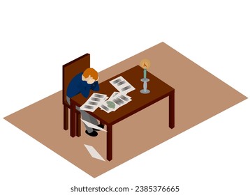 A man sitting with his temples on a table full of documents