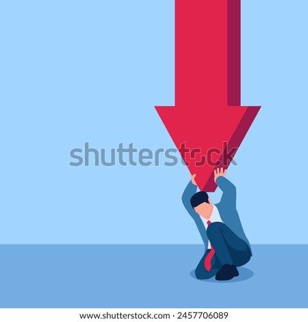 Man sitting holding an arrow from above pressing on him, illustration under pressure.