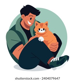 Man sitting holding a cat Vector illustration in flat cartoon style