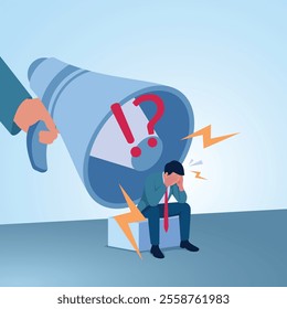 A man sitting holding his head being shouted at by a big megaphone. Illustration for bullying, violence and seniority.