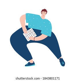 A man sitting and holding an open book in his hands. Vector flat cartoon illustration in white background