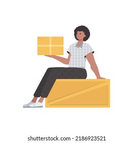 A man is sitting and holding a parcel. Delivery concept. Isolated on white background. trendy style. Vector illustration.