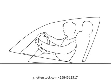 man sitting holding steering wheel of car, view from outside car through window - one line art vector. Handmade vector not AI