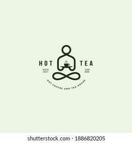 Man sitting holding a tray with hot tea in mugs simple line hipster aesthetic logo icon sign design concept. Vector illustration