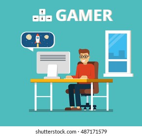 Man sitting at home behind his desk and playing video games. Gamer concept. Flat vector illustration.