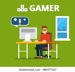 Man sitting at home behind his desk and playing video games. Gamer concept. Flat vector illustration.