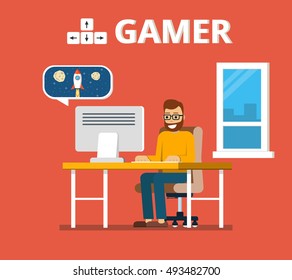 Man sitting at home behind his desk and playing video games. Gamer concept. Flat vector illustration.