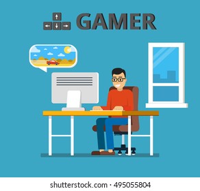Man sitting at home behind his desk and playing video games. Gamer concept. Flat vector illustration.