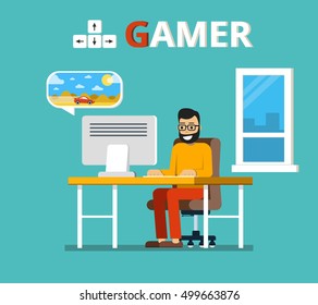 Man sitting at home behind his desk and playing video games. Gamer concept. Flat vector illustration.