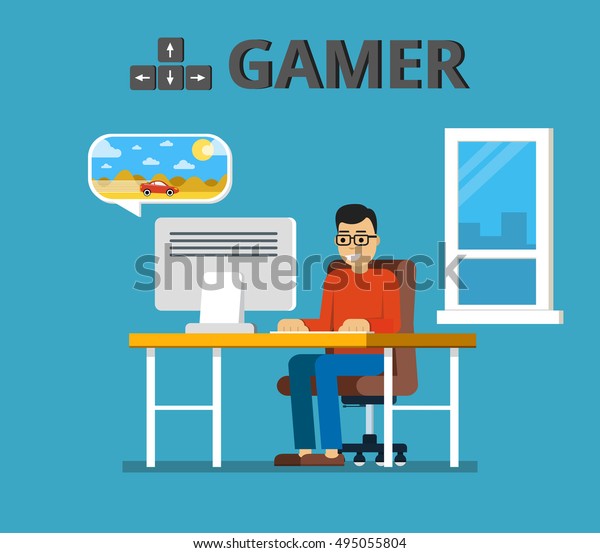 Man sitting at home\
behind his desk and playing video games. Gamer concept. Flat vector\
illustration.