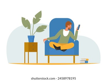 Man sitting in home chair with phone, customer holding smartphone for chat conversation vector illustration