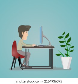 hombre sentado en un vector de escritorio de computadora en casa
